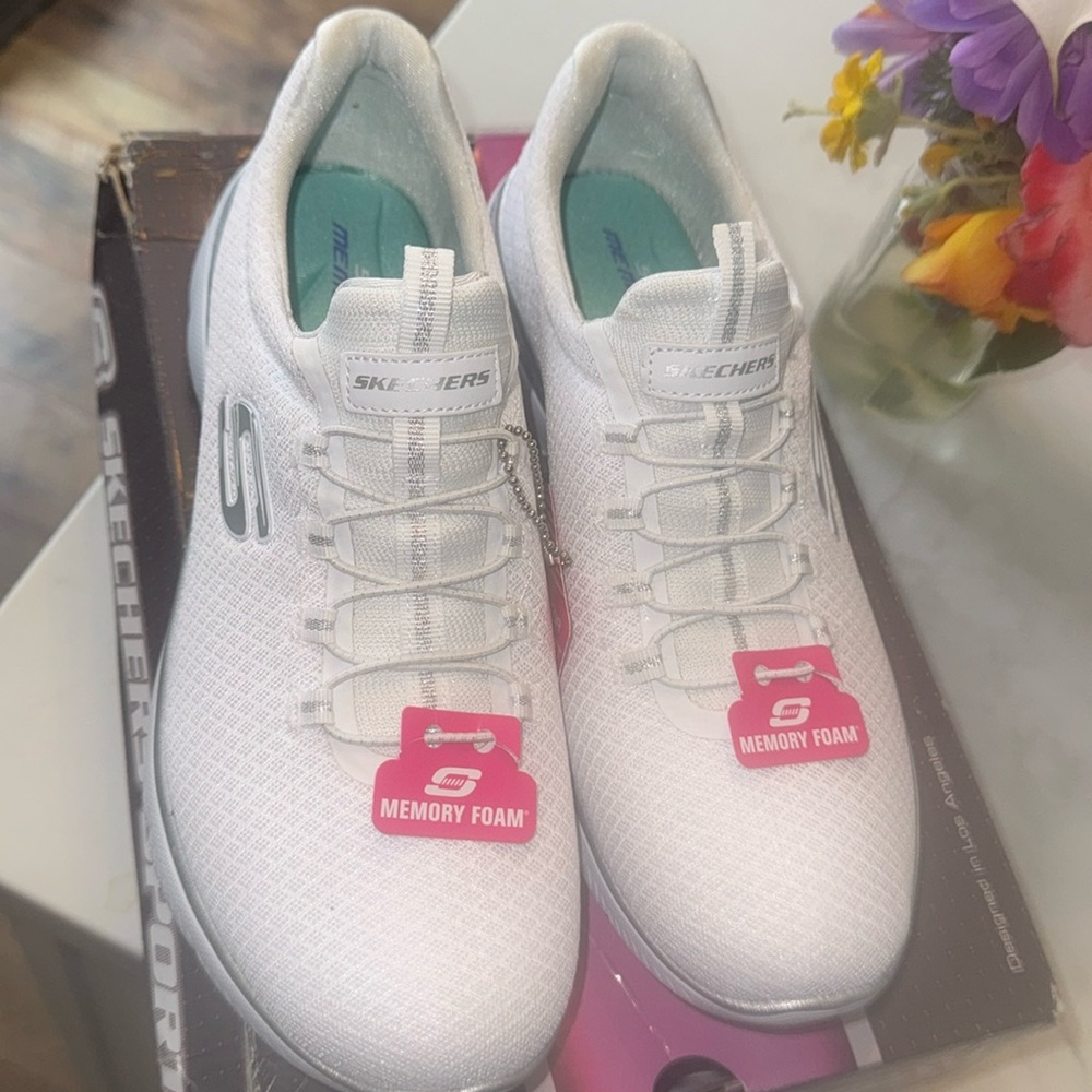Skechers Summits Night Chic Slip-In Sneakers, White, Women's 9.5 memory foam